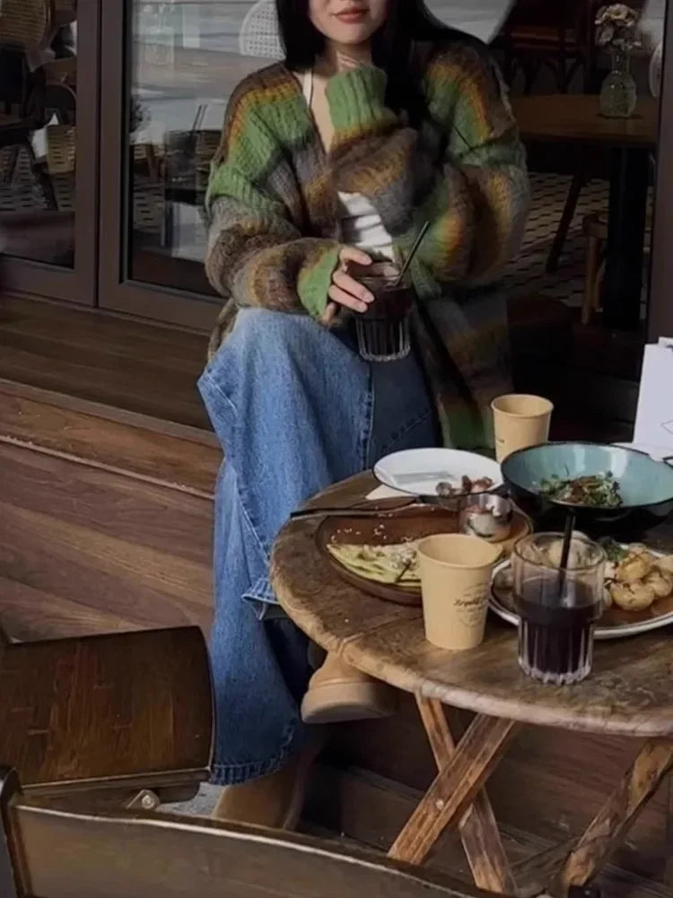 New Fashion Grunge Striped Women Knitwear 2025 Streetwear All Match Loose Y2k Aesthetic Sweaters Casual Vintage Cardigans Autumn