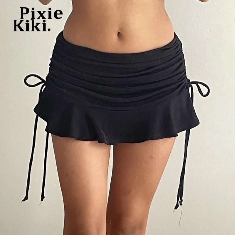 PixieKiki Drawstring Ruched Low Waist Ruffle Mini Skirts for Woman Black Skirt Y2k Summer Clothes Women 2024 P84-AI20