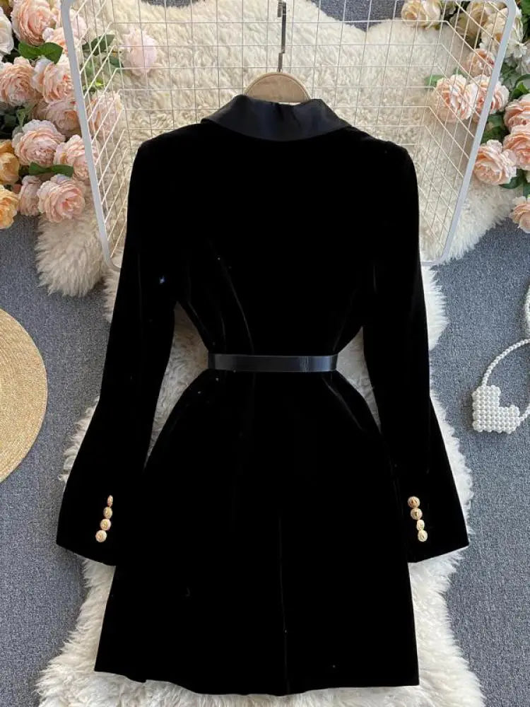 Women Black Velvet Work Style Blazer Short Dresses Autumn Winter Double Breasted Slim Long Sleeve Mini Dress Ladies Street Trend