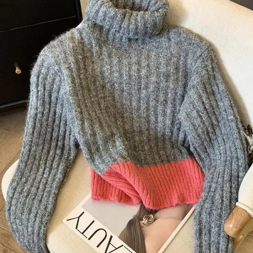 Load image into Gallery viewer, Korean Women Patchwork Pullover Sweater Autumn Winter Turtleneck Long Sleeve Slim Knitted Tops 2024 Ladies Casual Warm Clothing
