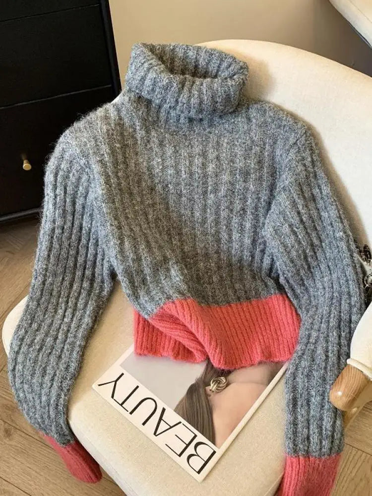 Korean Women Patchwork Pullover Sweater Autumn Winter Turtleneck Long Sleeve Slim Knitted Tops 2024 Ladies Casual Warm Clothing