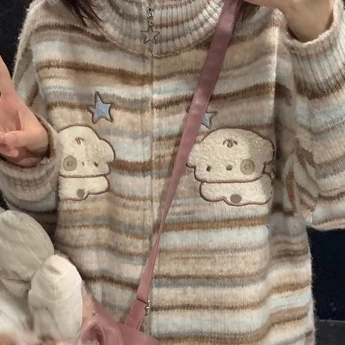 Load image into Gallery viewer, Y2k Aesthetic Japanese Knit Cardigan Kawaii Dog Embroidery Harajuku  Femme Striped Preppy Autumn Zipper y Womens
