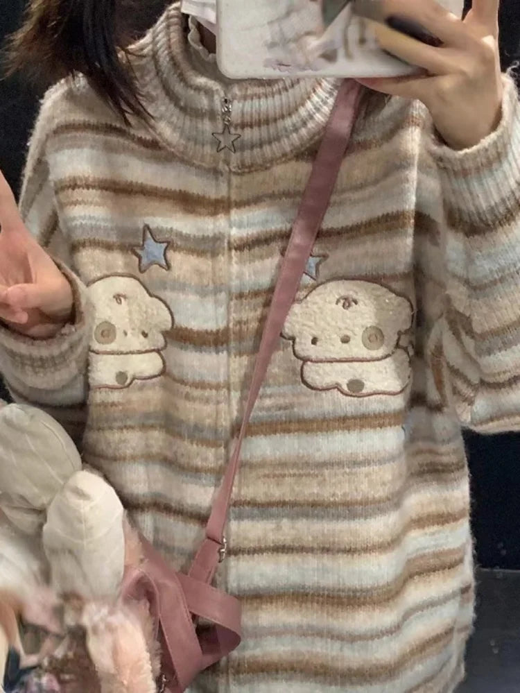 Y2k Aesthetic Japanese Knit Cardigan Kawaii Dog Embroidery Harajuku  Femme Striped Preppy Autumn Zipper y Womens