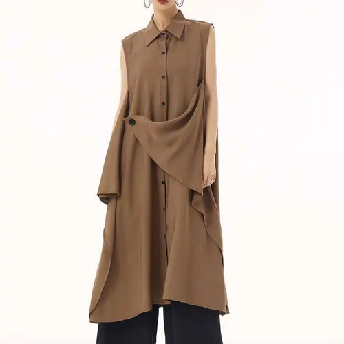 Load image into Gallery viewer, Women Khaki Irregular Spliced Big Size Midi Shirt Dress New Lapel Sleeveless Fashion Tide Spring Summer 2025 1DH9434
