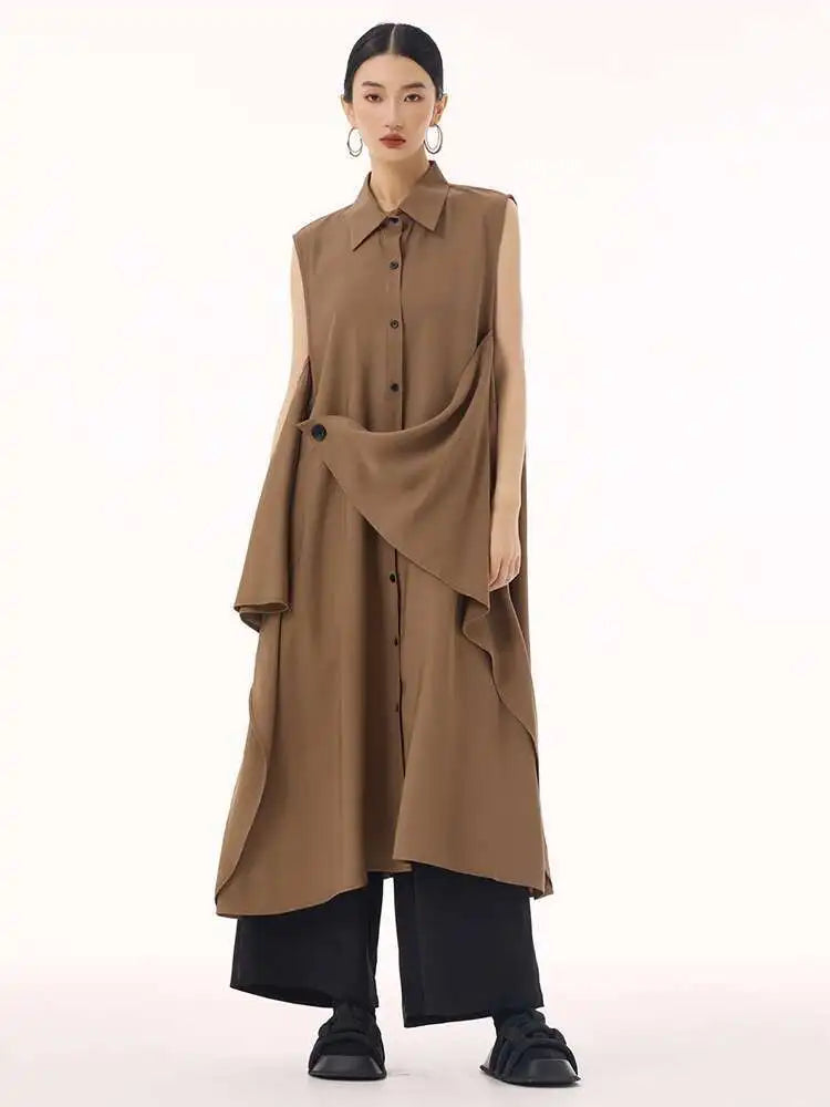 Women Khaki Irregular Spliced Big Size Midi Shirt Dress New Lapel Sleeveless Fashion Tide Spring Summer 2025 1DH9434