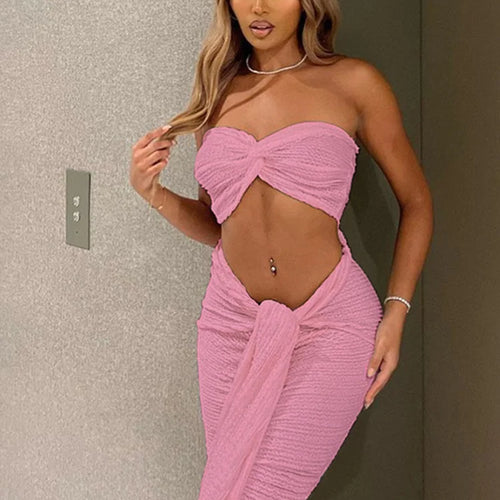 Load image into Gallery viewer, Stacked Folds Two Piece Set Women Elegant Solid Thin Strapless Chest Tops+Slim Skirts Female Streetwear Matching Suit
