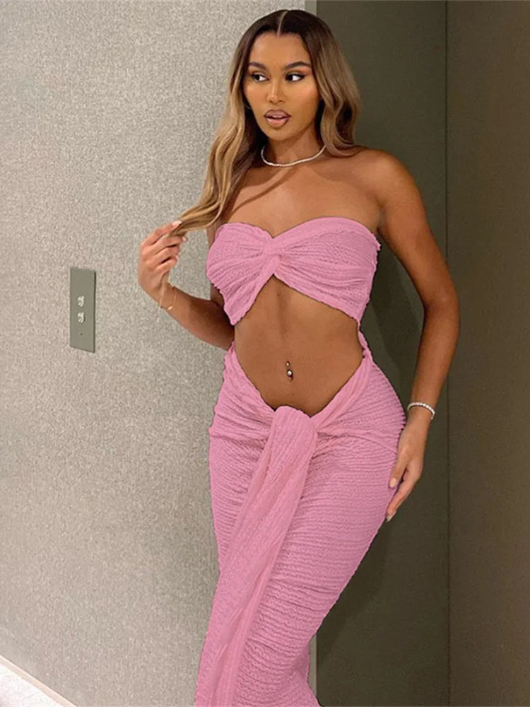 Stacked Folds Two Piece Set Women Elegant Solid Thin Strapless Chest Tops+Slim Skirts Female Streetwear Matching Suit