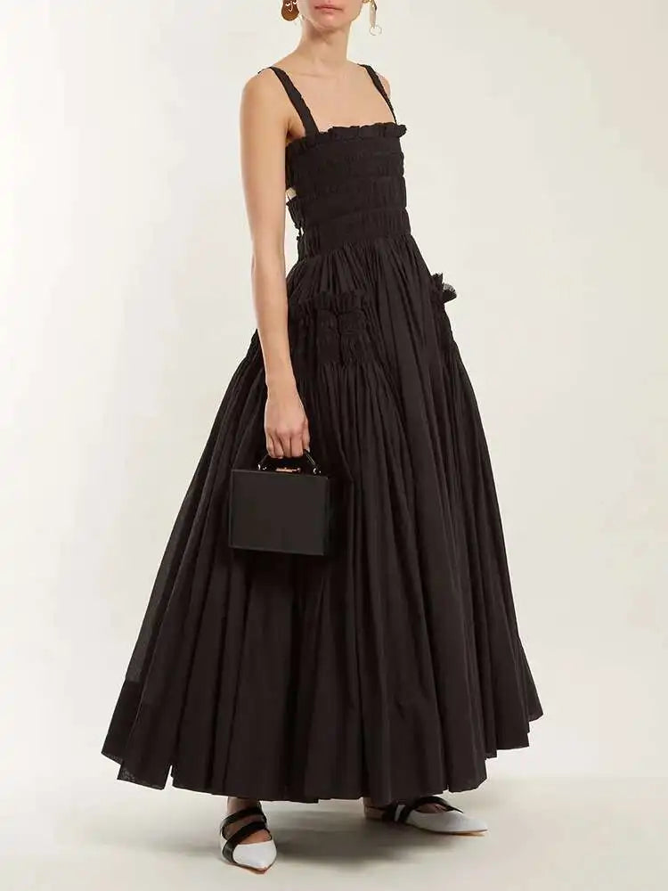 Women White Sling Backless Pleated Shrink Waist Slim Vintage Dress New Square Collar Fashion Spring Autumn 2025 JF54801