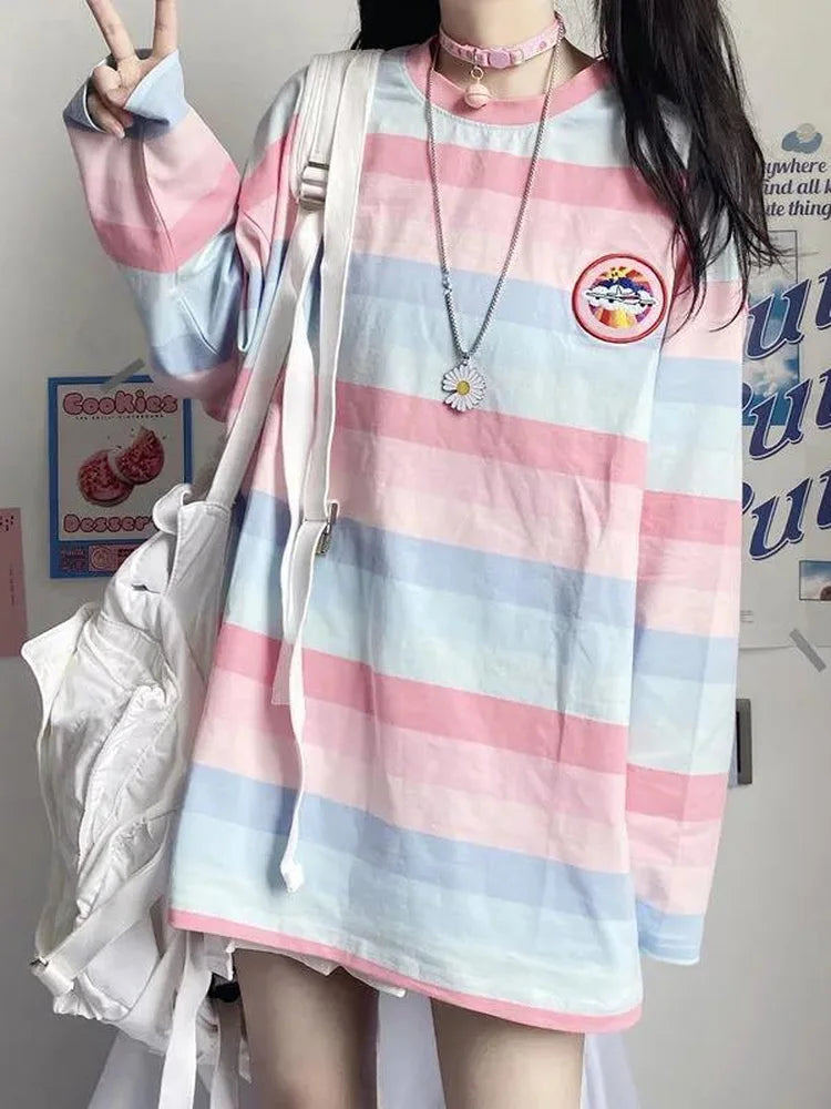 Rainbow Pullovers Women Striped Long Sleeve Top Autumn Spring Harajuku School Kawaii Korean Style Oversized Top