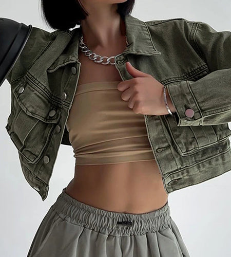 Fairycore Retro Short Denim Jacket Cargo Style Pockets Harajuku Autumn Women's Coat Buttons Winter Jackets Distressed