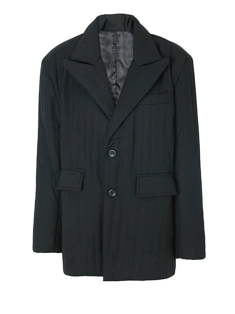Women Black Cotton-padded Warm Blazer New Lapel Long Sleeve Loose Fit Jacket Fashion Tide Autumn Winter 2025 1DF3136