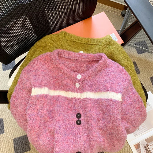 Load image into Gallery viewer, Korean Purple Patchwork Long Sleeved Short Sweater Women's New Green Casual Thick Loose Knit Pullover Top Autumn Winter 2024 Y2k
