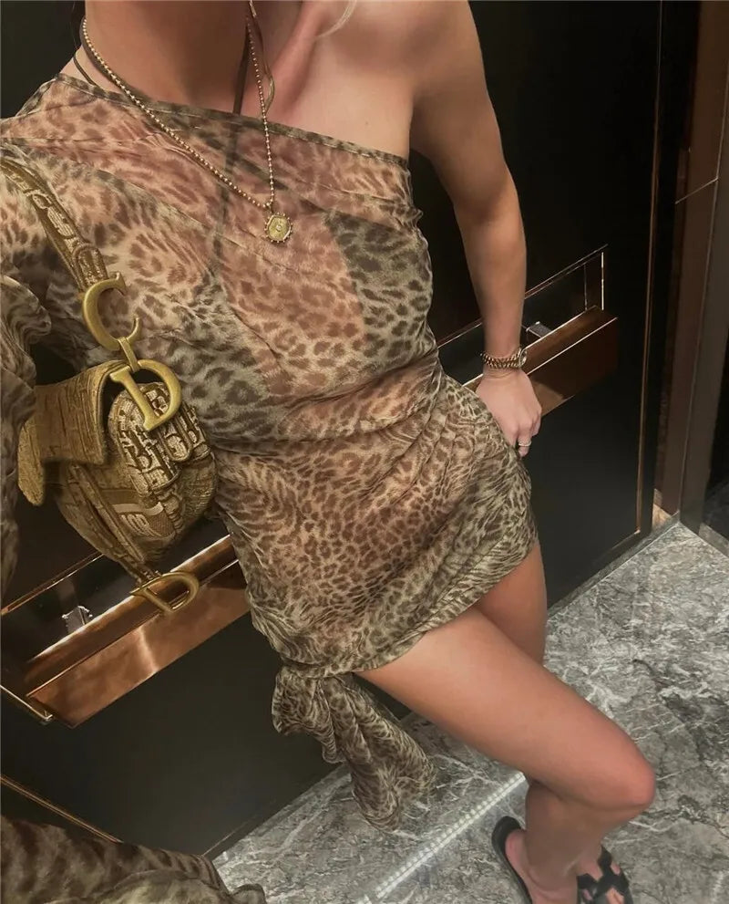 One Shoulder Leopard Print Maxi Dress Women Inclined Shoulder Backless Beach Holiday Vacation Club Sexy Long Dress