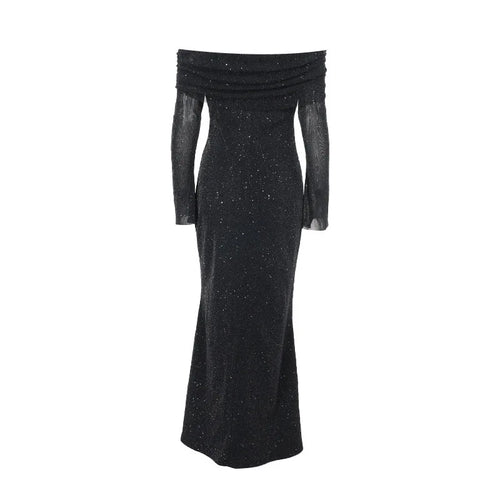 Load image into Gallery viewer, Glitter Off-shoulder Sexy Maxi Dress For Women Gown Black Strapless Long Sleeve Bodycon Club Party Sparkle Long Dress

