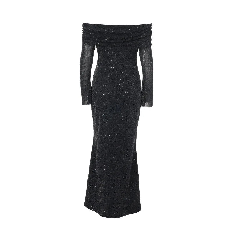Glitter Off-shoulder Sexy Maxi Dress For Women Gown Black Strapless Long Sleeve Bodycon Club Party Sparkle Long Dress