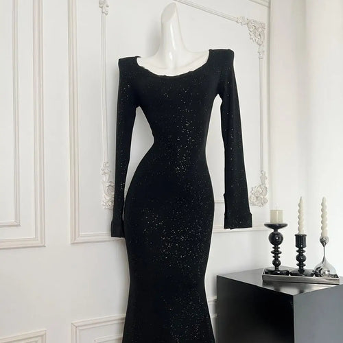 Load image into Gallery viewer, Vintage Women Korean Black Elegant Slim Sequined Fishtail Dress Autumn Grey Square Neck Long Sleeve Vacation Evening Party Dress
