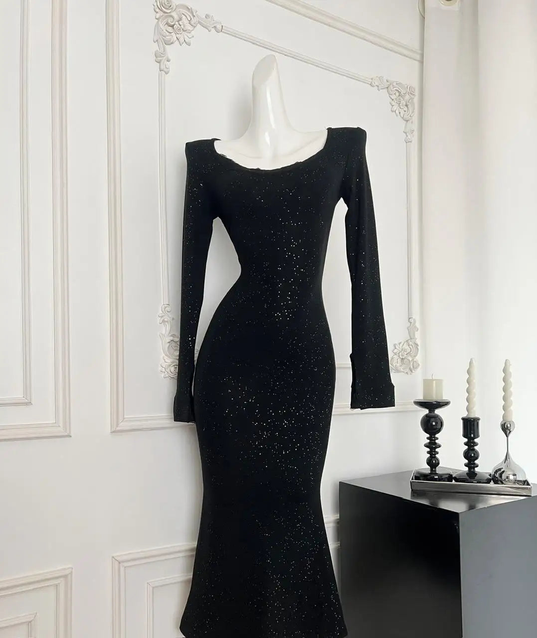 Vintage Women Korean Black Elegant Slim Sequined Fishtail Dress Autumn Grey Square Neck Long Sleeve Vacation Evening Party Dress