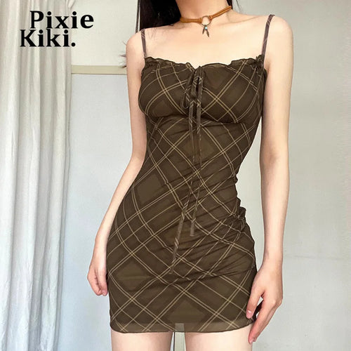 Load image into Gallery viewer, Y2k Vintage Brown Plaid Print Sleeveless Mini Dresses for Girl Drawstring Double-layer Mesh Summer Dress 2024 P67-DB12
