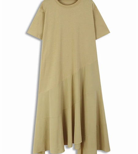 Women Black Khaki Irregular Spliced Big Size Long Dress New Round Neck Short Sleeve Fashion Spring Summer 2025 1DJ1119