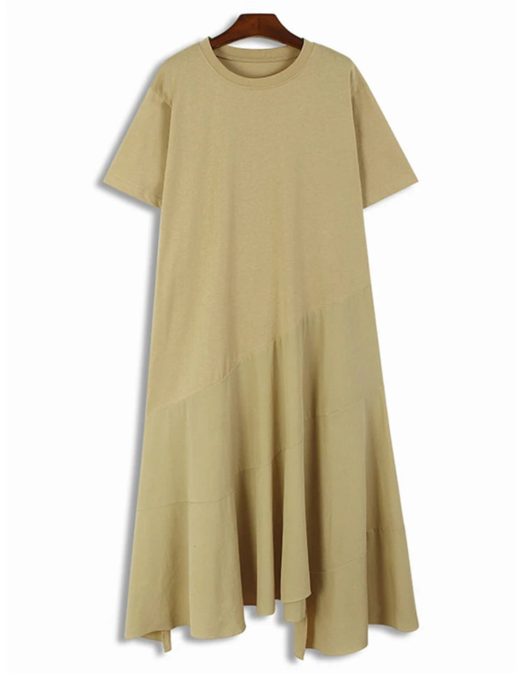 Women Black Khaki Irregular Spliced Big Size Long Dress New Round Neck Short Sleeve Fashion Spring Summer 2025 1DJ1119