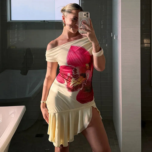 Load image into Gallery viewer, Skew Collar Ruffled Print Sexy Mini Dress For Women Off-shoulder Sleeveless Backless High Waist Printed Dress Vestido
