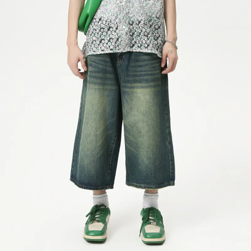 High Street Calf-Length Pants Denim Men's Shorts Straight Zipper Causal Wide Leg Male Trousers Chic Summer 8825