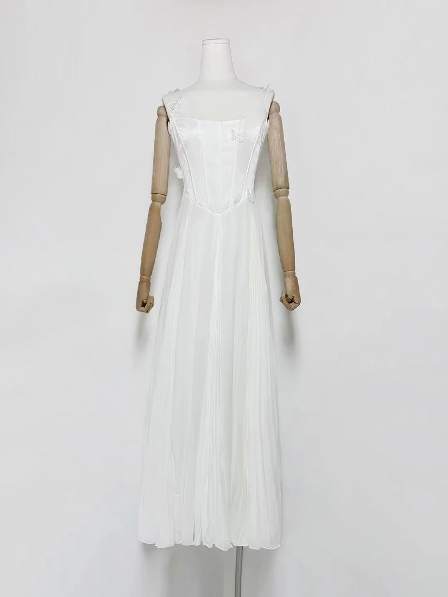 Solid Slimming Spliced Appliques Elegant Dresses for Women Square Nec Sleeveless Tunic Patchwork Folds Dress Female