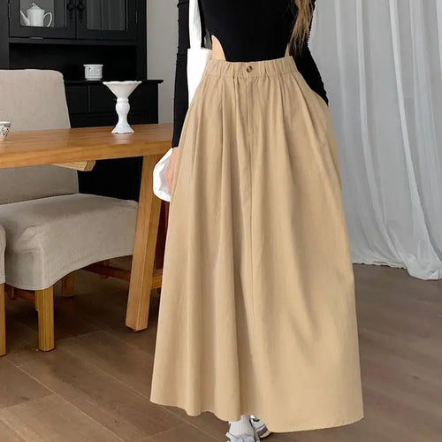 Load image into Gallery viewer, Khaki Elegant Pleated Skirt For Women Pockets Office Ladies Casual A-line Elastic High Waist Black Long Skirt 2023 Autumn Winter
