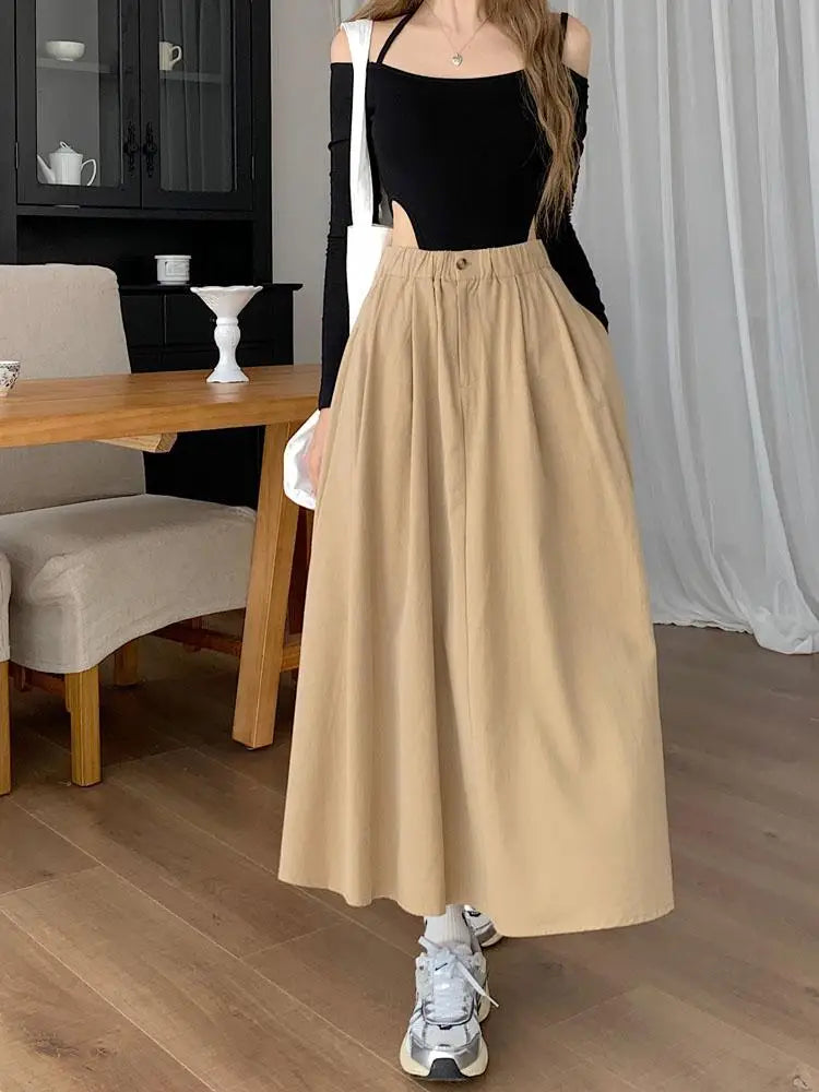 Khaki Elegant Pleated Skirt For Women Pockets Office Ladies Casual A-line Elastic High Waist Black Long Skirt 2023 Autumn Winter