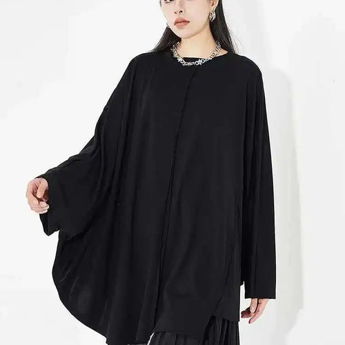 Load image into Gallery viewer, Women Black Big Size Brief Casual T-shirt New Round Neck Long Batwing Sleeve Fashion Tide Spring Autumn 2025 1DH5081
