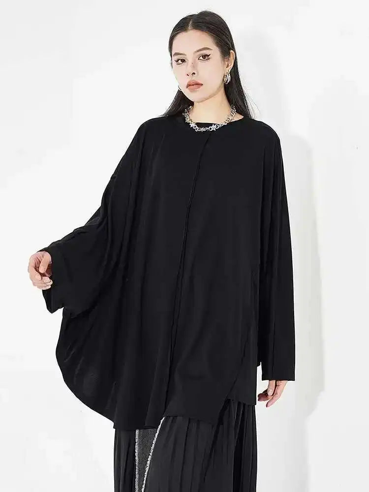 Women Black Big Size Brief Casual T-shirt New Round Neck Long Batwing Sleeve Fashion Tide Spring Autumn 2025 1DH5081