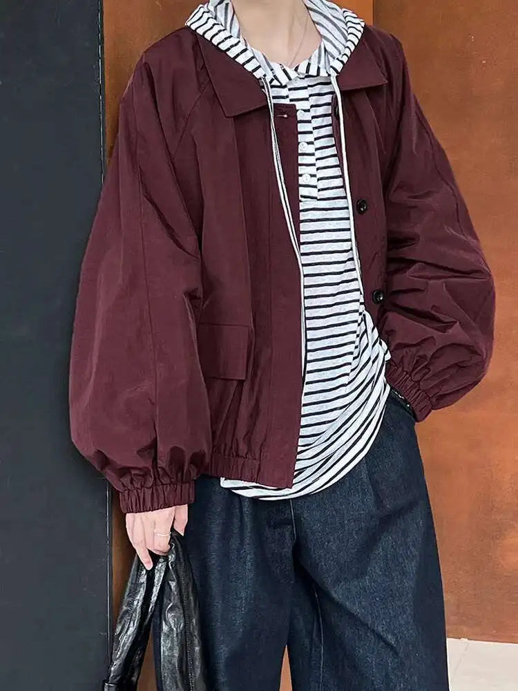 Wine Red Pocket Big Size Casual Thin Jacket New Lapel Long Sleeve Women Coat Fashion Tide Spring Autumn 2025 1DH7292