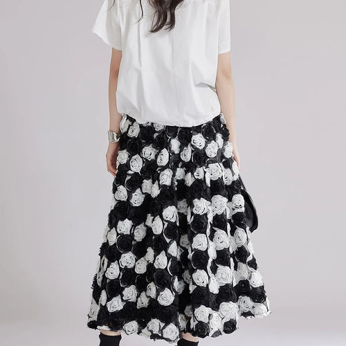 Load image into Gallery viewer, Blackwhite Hit Color Spliced 3D Flower Fashion Skirts for Women High Waist Patchwork Pockets Long Skirt Female New
