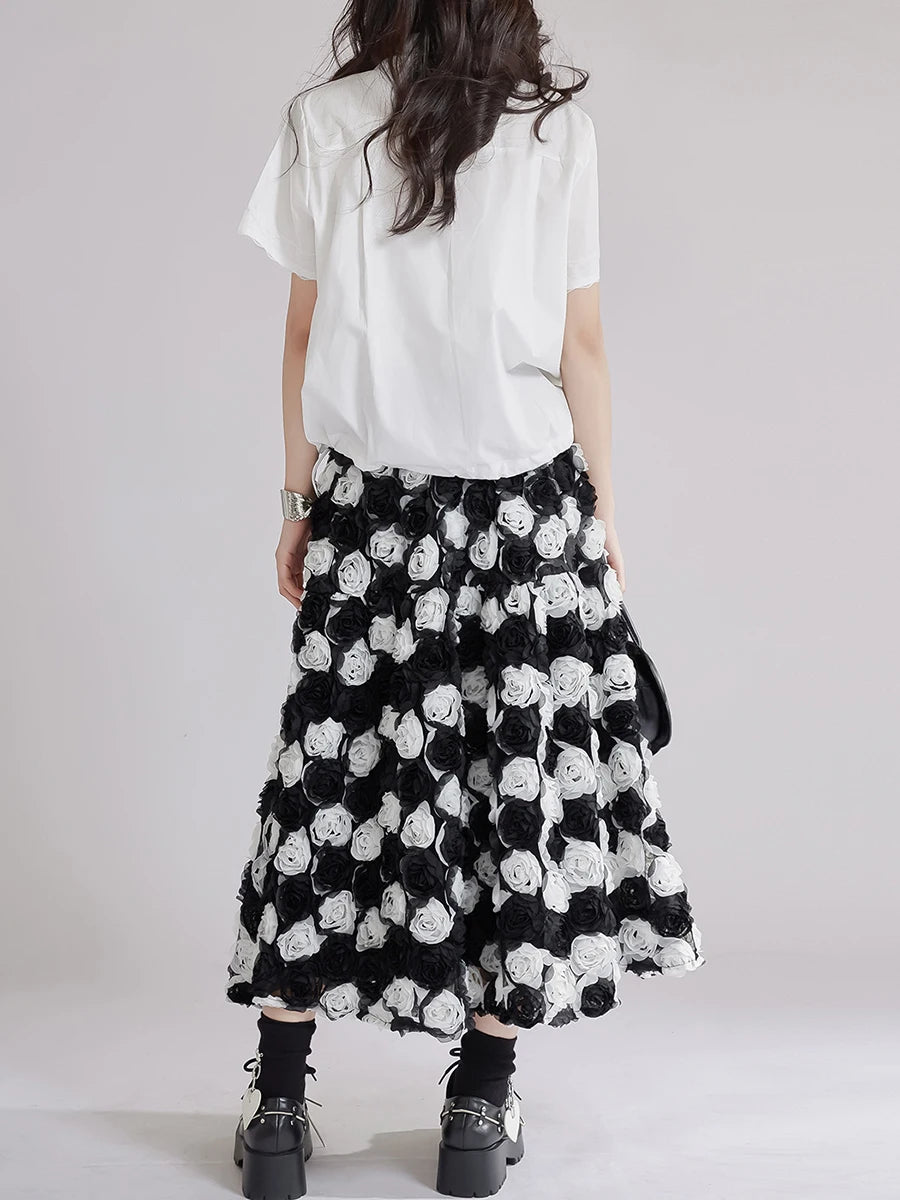 Blackwhite Hit Color Spliced 3D Flower Fashion Skirts for Women High Waist Patchwork Pockets Long Skirt Female New