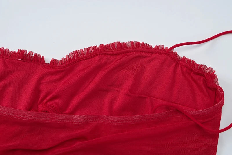 Spaghetti Strap Mesh Pleated Sexy Crop Tops Women Red Strapless Sleeveless Backless Skinny Club Tank Tops Clubwear