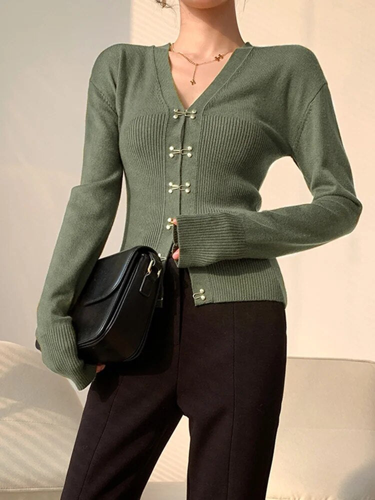 Patchwork Single Breasted Sweaters For Women V Neck Long Sleeve Knitting Slim Sweater Female Fashion Autumn