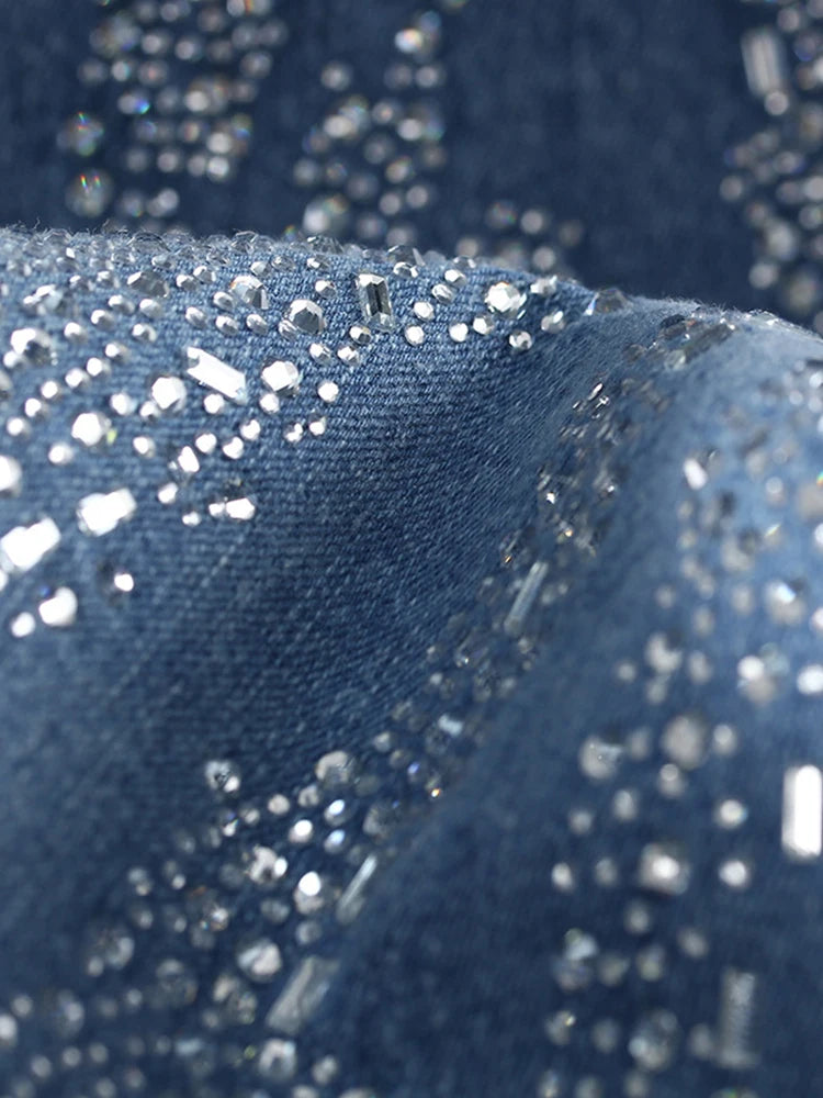 High Waist Blue Denim Long Rhinestones Shining Flare Jeans New Women Trousers Fashion Tide Spring Autumn 2025 7AB9027