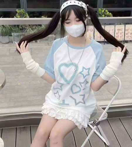 Summer Shirts for Women Sweet Japanese Tshirts Contrast Color Casual Tees 2023 Ropa Mujer Star Print Fashion Sweet Y2k T Shirt