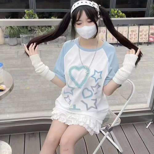 Load image into Gallery viewer, Summer Shirts for Women Sweet Japanese Tshirts Contrast Color Casual Tees 2023 Ropa Mujer Star Print Fashion Sweet Y2k T Shirt
