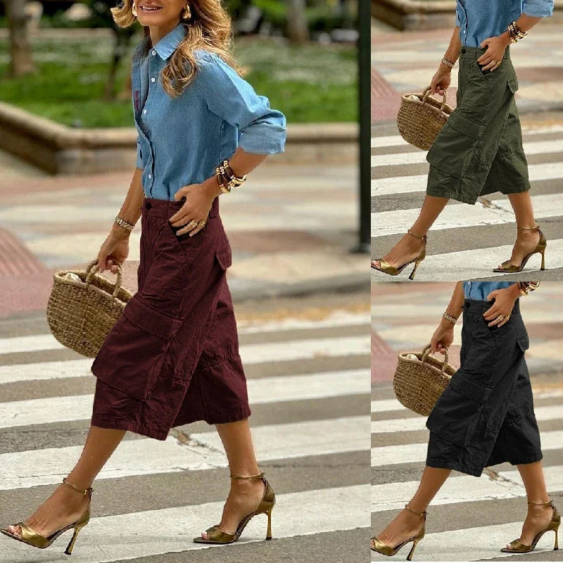 Summer Woman Wide Leg Capris Pants with Pockets New Trendy Split-joint Buttoned Loose Cropped Cargo Pants Female
