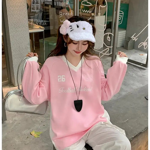 Load image into Gallery viewer, Autumn Winter 2025 Blue Patchwork Elegant Pullover Fashion Short Sweatshirt Women Pink Letter Print V Neck Long Sleeve Tops Chic
