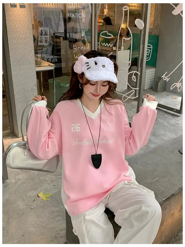 Autumn Winter 2025 Blue Patchwork Elegant Pullover Fashion Short Sweatshirt Women Pink Letter Print V Neck Long Sleeve Tops Chic