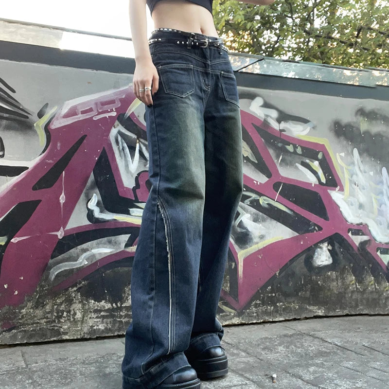 Korean Fashion Stitching Low Rise Baggy Pants Jeans Women Harajuku Distressed Denim Wide Leg Trousers Bottoms Outfits