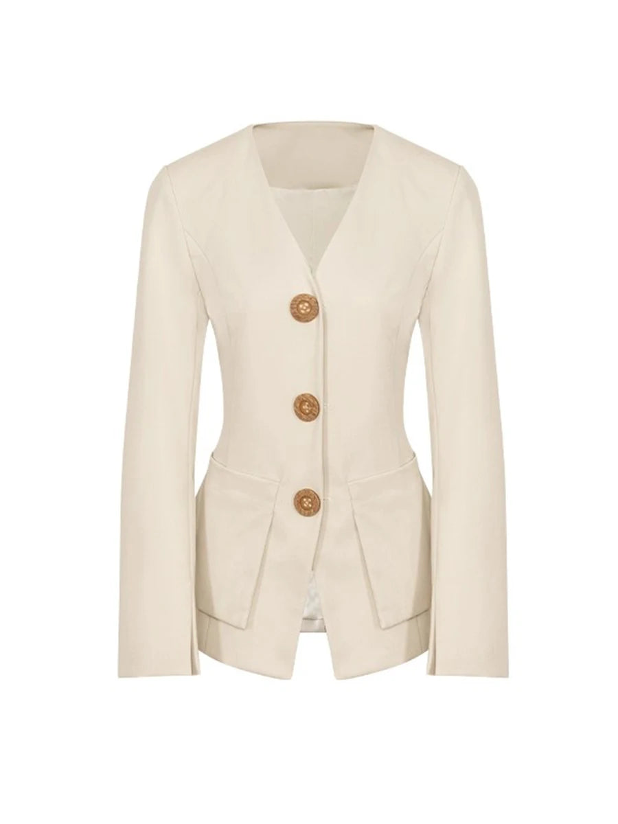 Slimming Temperament Two Piece Sets for Women V Neck Long Sleeves Spliced Button Blazer High Waist Pant Set Female