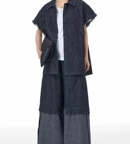 Women Black Denim Pockets Burr Big Size Vintage Blouse New Lapel Short Sleeve Shirt Fashion Spring Autumn 2025 1DJ0464