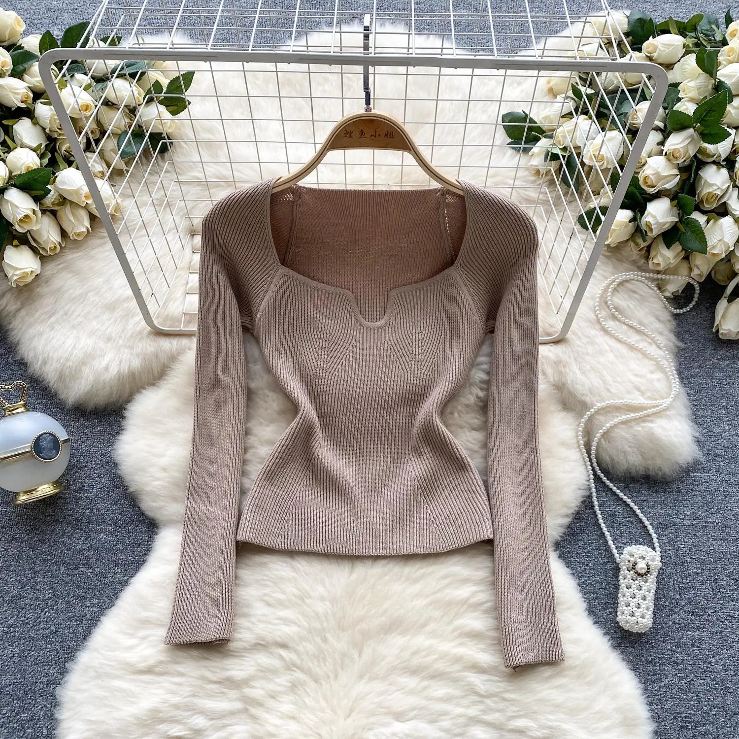 Fashion Solid Knitted Square Collar Long Sleeves Slim Fit Tops Women France Autumn Office Lady Elegant Pullover Sweater Popular