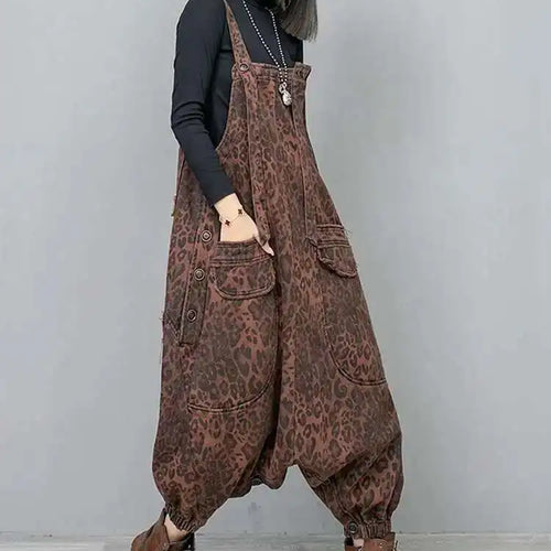 Load image into Gallery viewer, High Waist Leopard Print Denim Pocket Big Size Overalls Wide Leg Jeans New Women Fashion Tide Spring Autumn 2025 1DH6428
