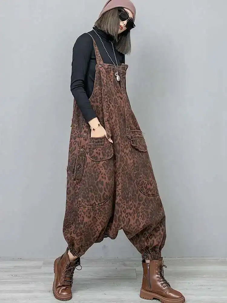 High Waist Leopard Print Denim Pocket Big Size Overalls Wide Leg Jeans New Women Fashion Tide Spring Autumn 2025 1DH6428