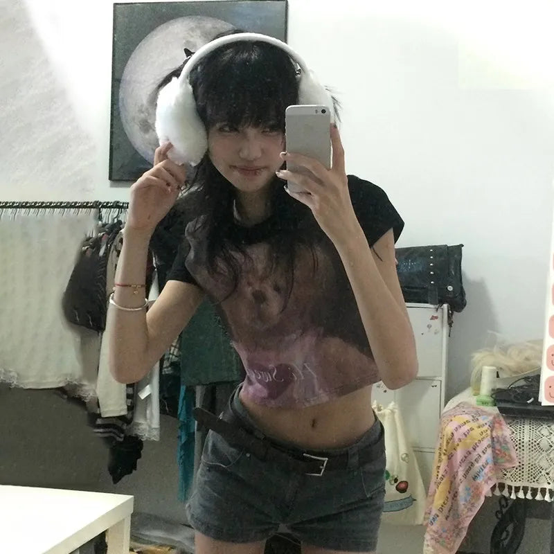 Japanese Y2k Crop Top 2000s Aesthetics Bear Print Short Sleeve T-shirt Vintage Harajuku Lace Patchwork Tee Shirt Lolita