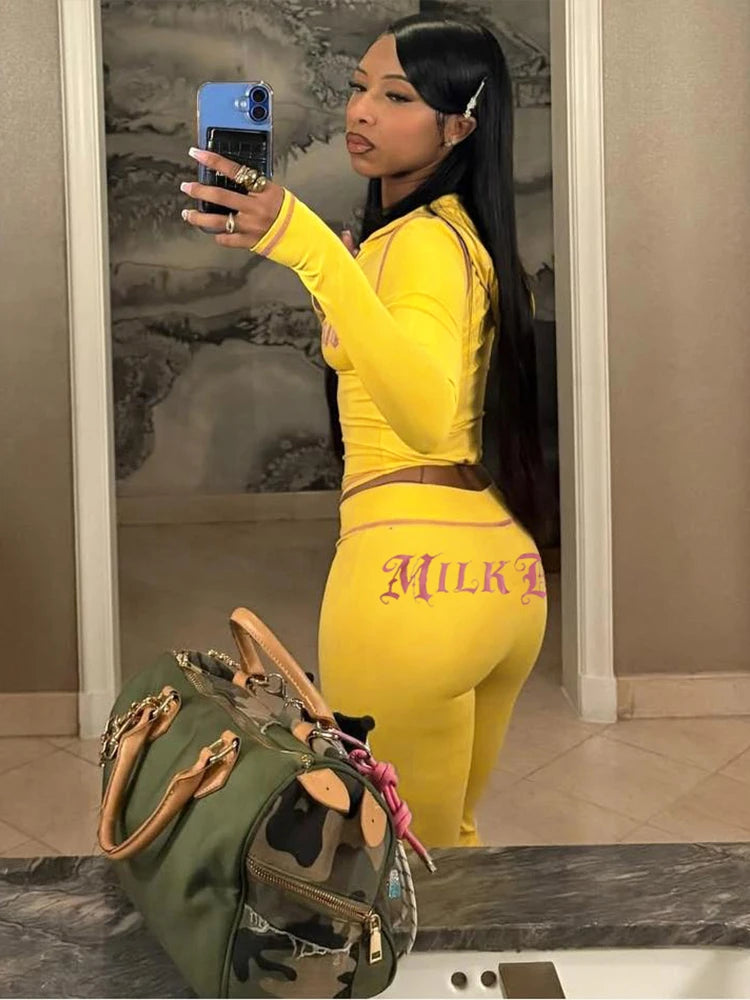 Casual Letter Print Women 2 Piece Set Tracksuit Sporty Full Sleeve Crop Jacket+Pants Matching Streetwear Skinny Outfits